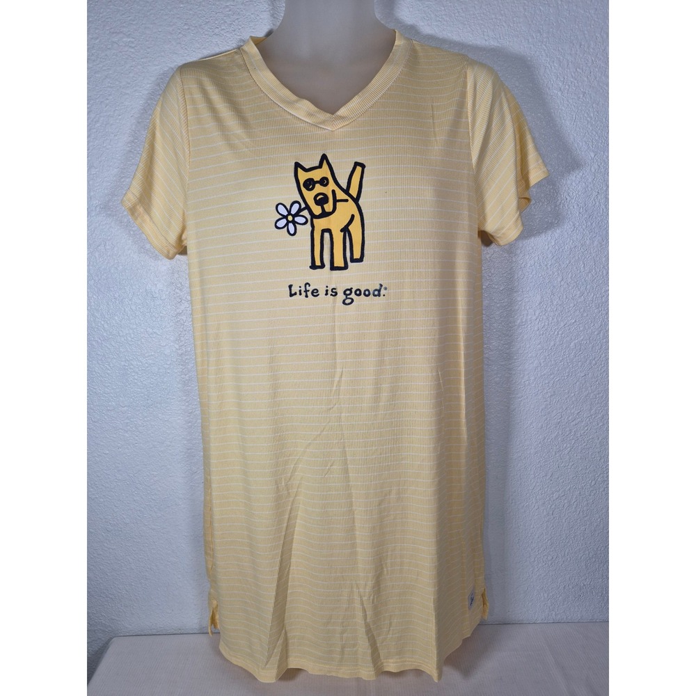 Life is Good Sleep Womens Yellow Striped Dog Graphic Nightshirt V-Neck Large